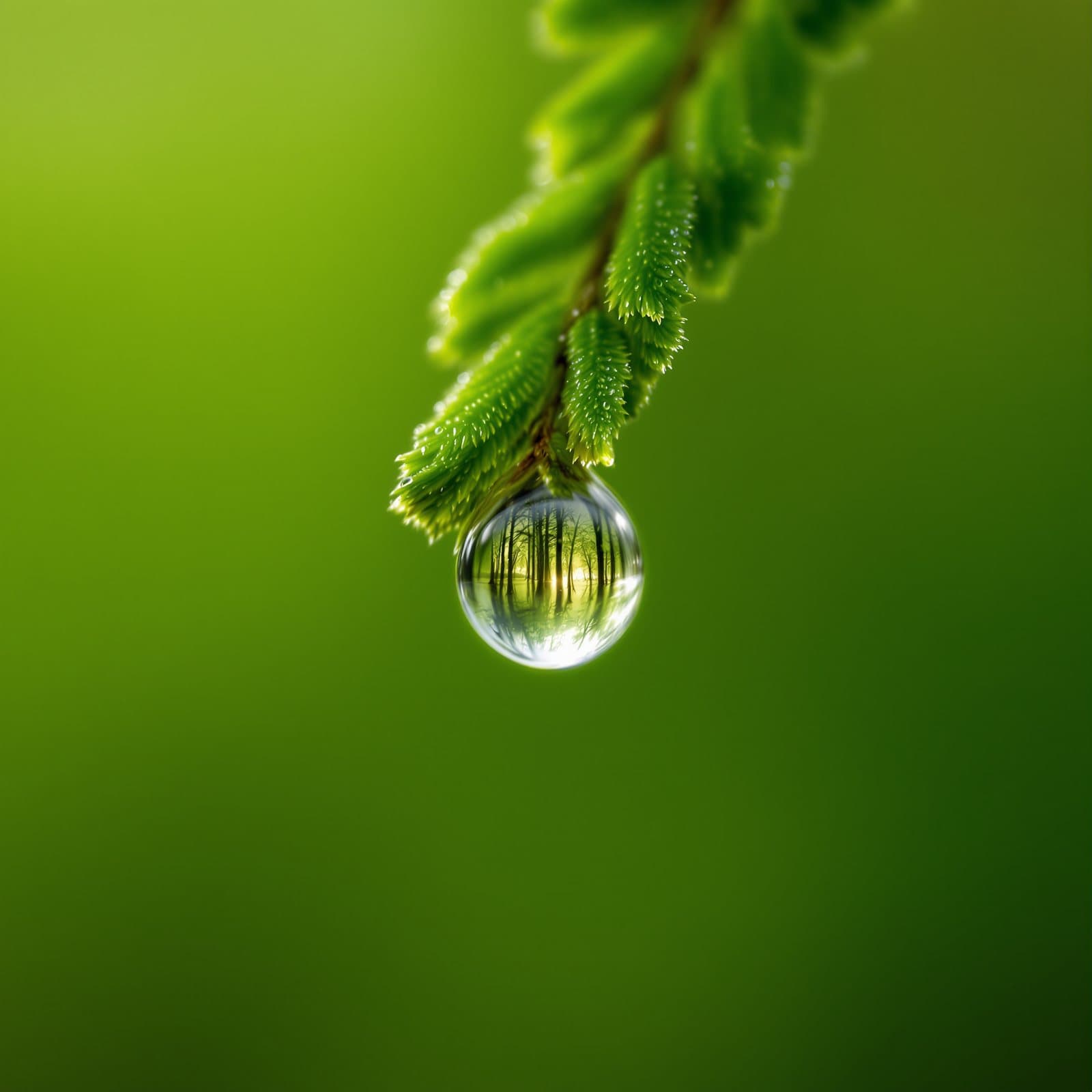 one dew drop on a fern, the sunrise forest inside it