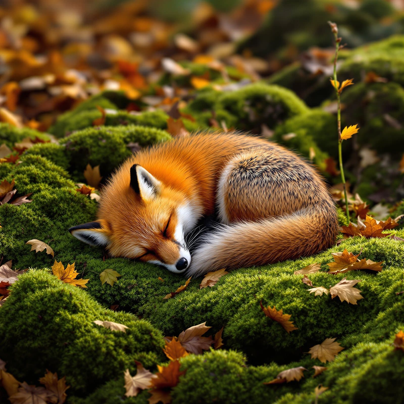 a red fox asleep on moss under falling autumn leaves