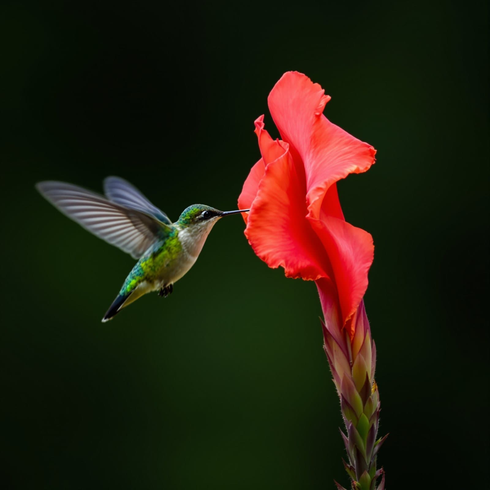 a hummingbird at a red flower, wings frozen mid-beat