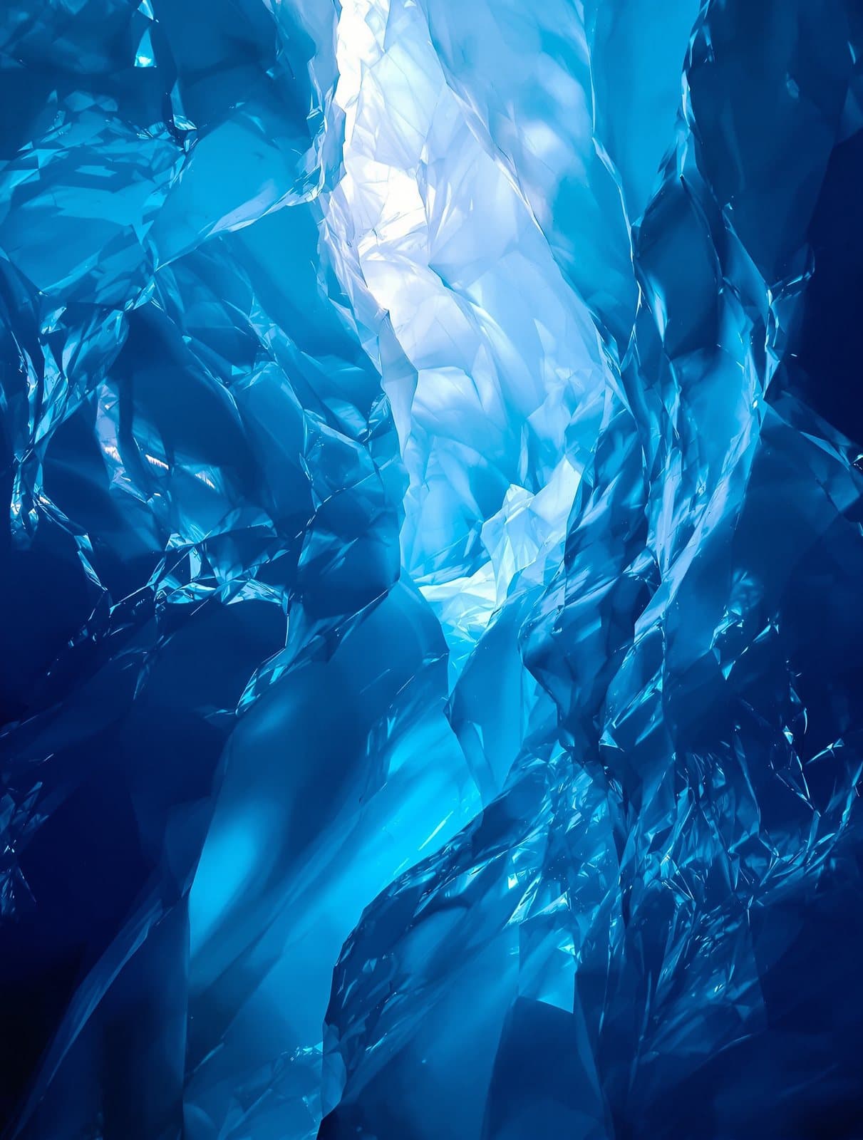 inside a glacier ice cave, sunlight glowing through the blue walls