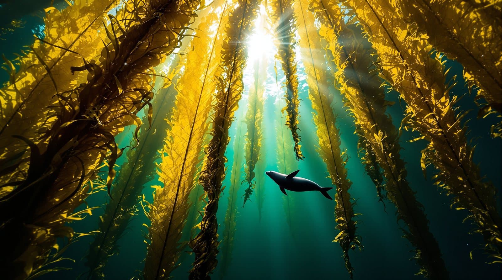 sunlight through a kelp forest, a seal gliding between the fronds