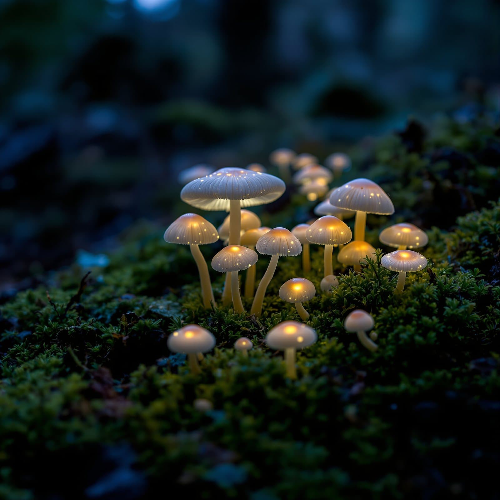 tiny glowing mushrooms in dark moss at night