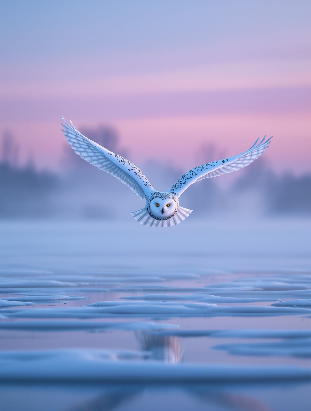 a snowy owl gliding low over a frozen lake at dawn