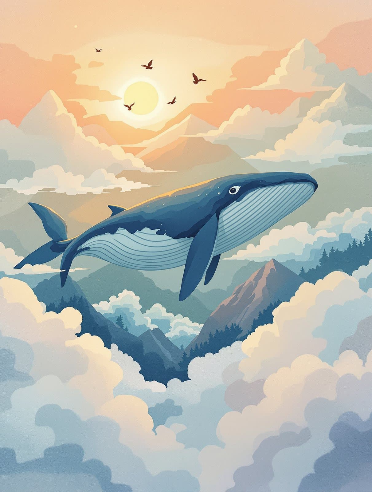 a whale swimming through clouds above the mountains, storybook gouache